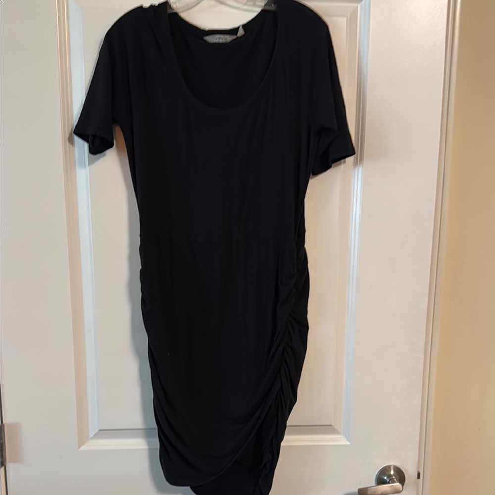 Athleta Black knee length Dress Scoop Neck Short Sleeve with rouching on bottom